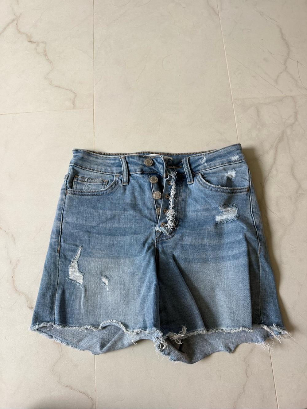 Light Blue Distressed Button-Front Denim Shorts